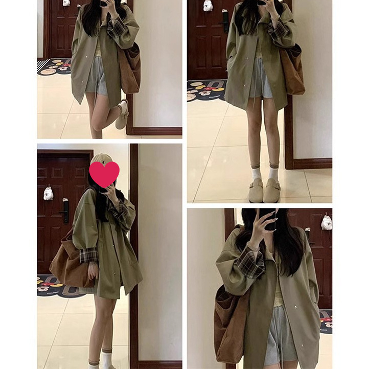 Kratki trench kaput, udoban kroj, japanski stil, proljeće 2025 (duljina 65–80 cm; poliester; stojeći ovratnik; jednostruko kopčanje; dugi rukavi)