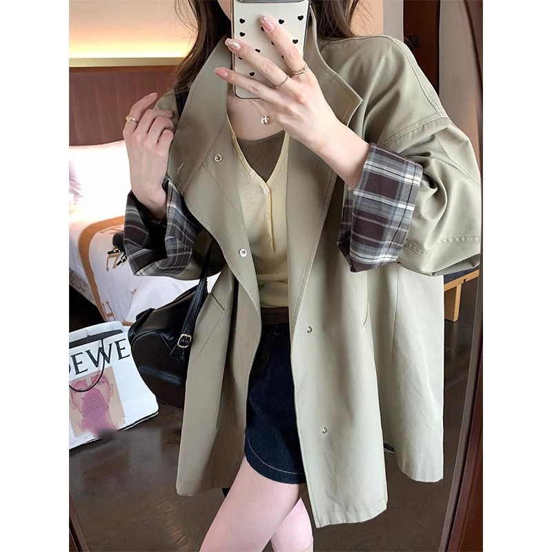 Kratki trench kaput, udoban kroj, japanski stil, proljeće 2025 (duljina 65–80 cm; poliester; stojeći ovratnik; jednostruko kopčanje; dugi rukavi)