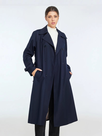 Дамски тренчкот от полиестер: свободен силует, двуредно копчета, лацкан