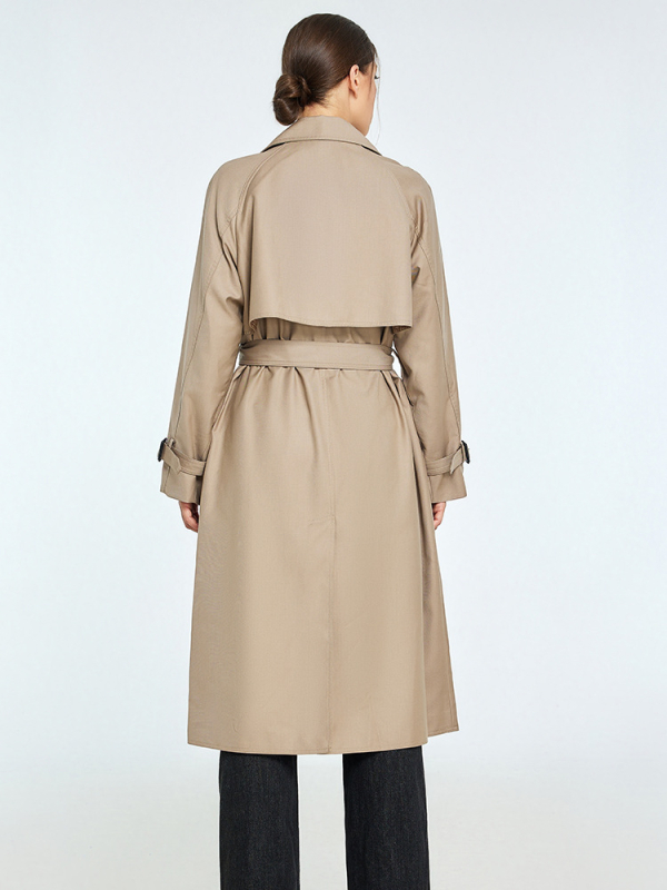 Дамски тренчкот от полиестер: свободен силует, двуредно копчета, лацкан