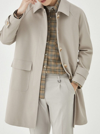 Muški kaput u korejskom stilu, srednje duljine (65–80 cm), rever, jednoredno kopčanje, labav kroj