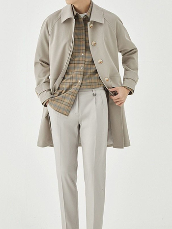 Muški kaput u korejskom stilu, srednje duljine (65–80 cm), rever, jednoredno kopčanje, labav kroj