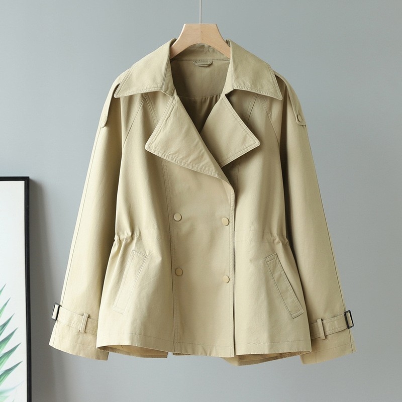 Ženski kratki trench coat za proljeće 2025, A‑linijski kroj, halter ovratnik, dugi rukavi, poliester tkanina