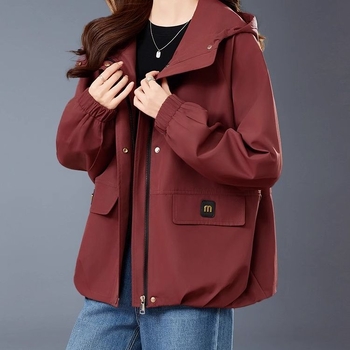 Kratka jakna s kapuljačom za žene – poliester, zatvarač, široka kroj, dugi rukavi, jesen 2025