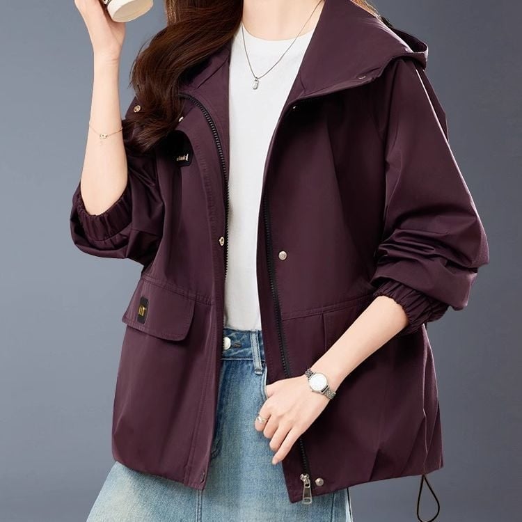 Kratka jakna s kapuljačom za žene – poliester, zatvarač, široka kroj, dugi rukavi, jesen 2025