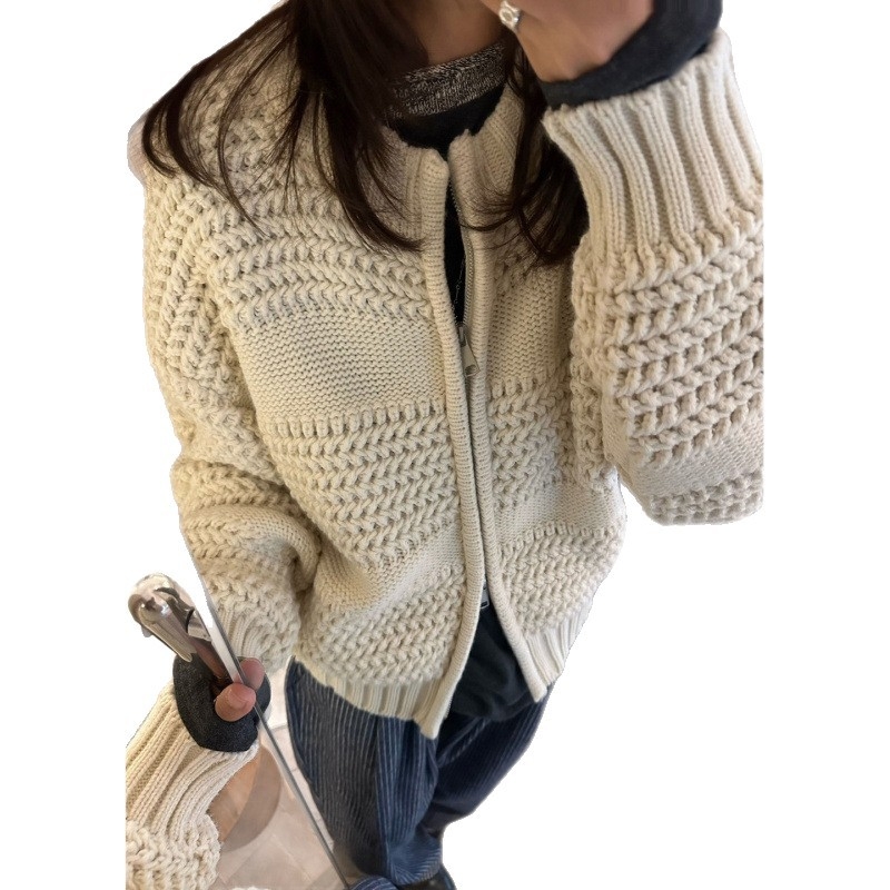 Pleten kardigan sa zatvaračem, akrilna tkanina, okrugli ovratnik, jedinstven uzorak