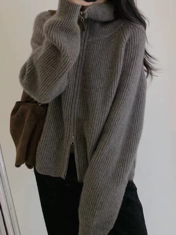 Ženski pleteni kardigan-kabina s polu-visokim ovratnikom, dvostrukim zatvaračem, mješavina pamuka i poliestera, dugi rukavi, opušten kroj