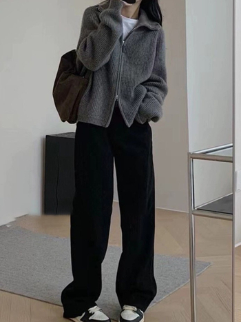 Ženski pleteni kardigan-kabina s polu-visokim ovratnikom, dvostrukim zatvaračem, mješavina pamuka i poliestera, dugi rukavi, opušten kroj