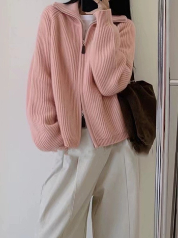 Ženski pleteni kardigan-kabina s polu-visokim ovratnikom, dvostrukim zatvaračem, mješavina pamuka i poliestera, dugi rukavi, opušten kroj