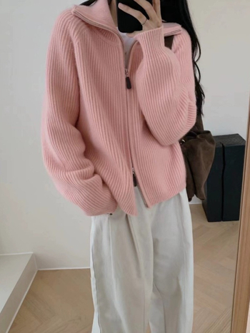 Ženski pleteni kardigan-kabina s polu-visokim ovratnikom, dvostrukim zatvaračem, mješavina pamuka i poliestera, dugi rukavi, opušten kroj