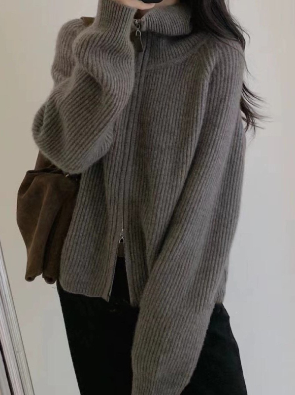 Ženski pleteni kardigan-kabina s polu-visokim ovratnikom, dvostrukim zatvaračem, mješavina pamuka i poliestera, dugi rukavi, opušten kroj