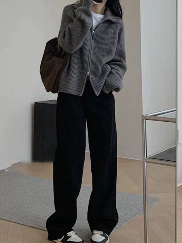 Ženski pleteni kardigan-kabina s polu-visokim ovratnikom, dvostrukim zatvaračem, mješavina pamuka i poliestera, dugi rukavi, opušten kroj