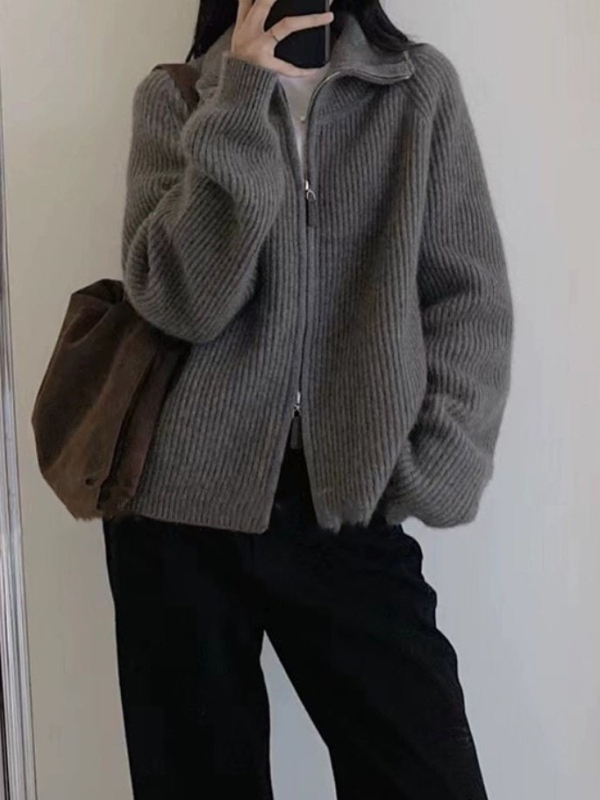 Ženski pleteni kardigan-kabina s polu-visokim ovratnikom, dvostrukim zatvaračem, mješavina pamuka i poliestera, dugi rukavi, opušten kroj