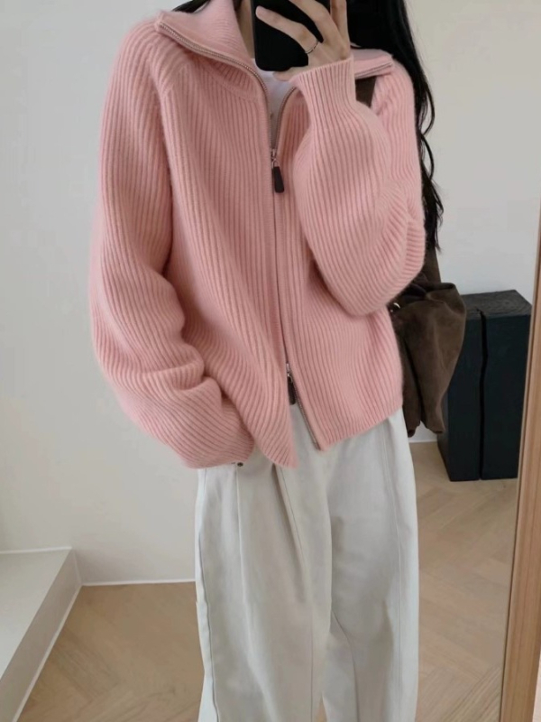 Ženski pleteni kardigan-kabina s polu-visokim ovratnikom, dvostrukim zatvaračem, mješavina pamuka i poliestera, dugi rukavi, opušten kroj