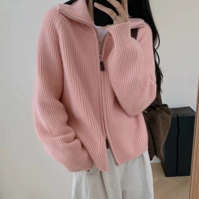 Ženski pleteni kardigan-kabina s polu-visokim ovratnikom, dvostrukim zatvaračem, mješavina pamuka i poliestera, dugi rukavi, opušten kroj