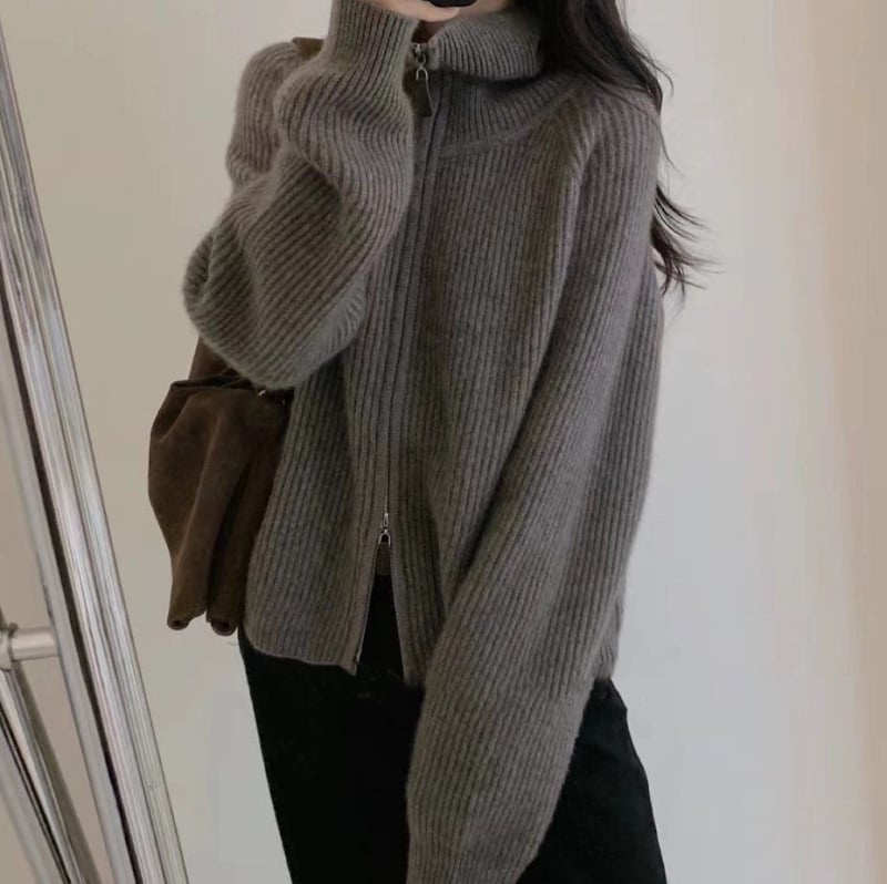 Ženski pleteni kardigan-kabina s polu-visokim ovratnikom, dvostrukim zatvaračem, mješavina pamuka i poliestera, dugi rukavi, opušten kroj