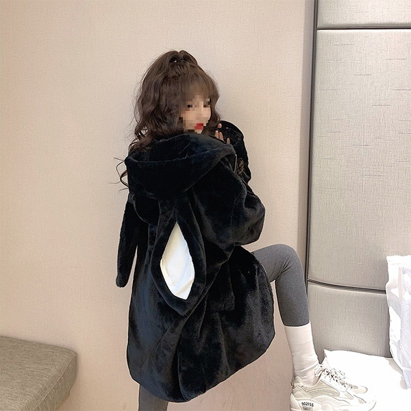 Ženska dukserica od flekse s kapuljom i ušima zeca, japanski stil, udoban kroj, zatvarač sprijeda, topao debeli fleec