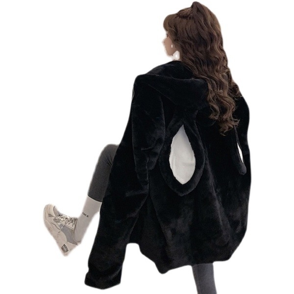 Ženska dukserica od flekse s kapuljom i ušima zeca, japanski stil, udoban kroj, zatvarač sprijeda, topao debeli fleec