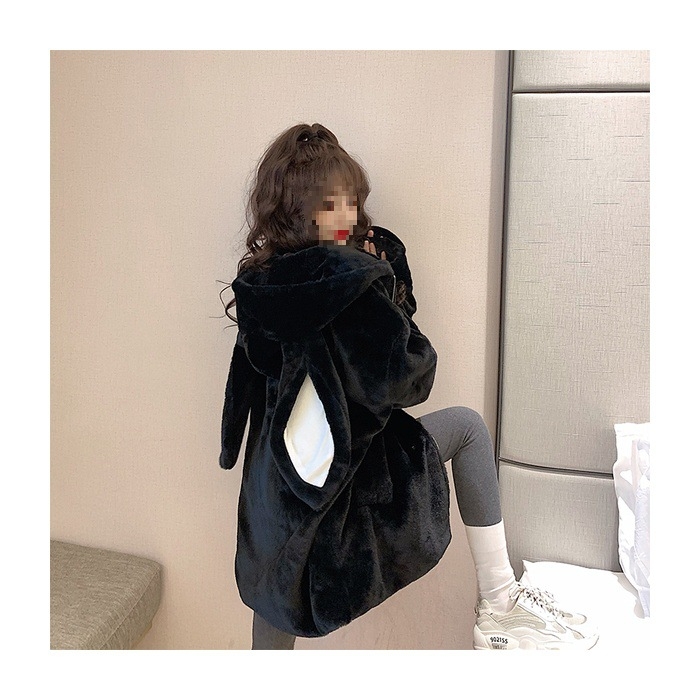 Ženska dukserica od flekse s kapuljom i ušima zeca, japanski stil, udoban kroj, zatvarač sprijeda, topao debeli fleec