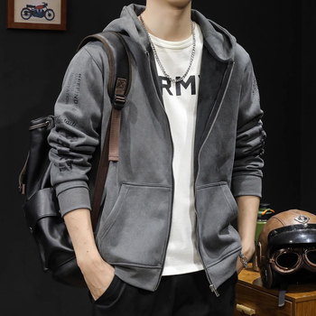 Muški kardigan s kapuljom i zatvaračem na zip, slobodan kroj za proljeće i jesen, materijal: acetatna smjesa (91–95% acetata) i poliester, bočne džepove