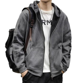 Muški kardigan s kapuljom i zatvaračem na zip, slobodan kroj za proljeće i jesen, materijal: acetatna smjesa (91–95% acetata) i poliester, bočne džepove