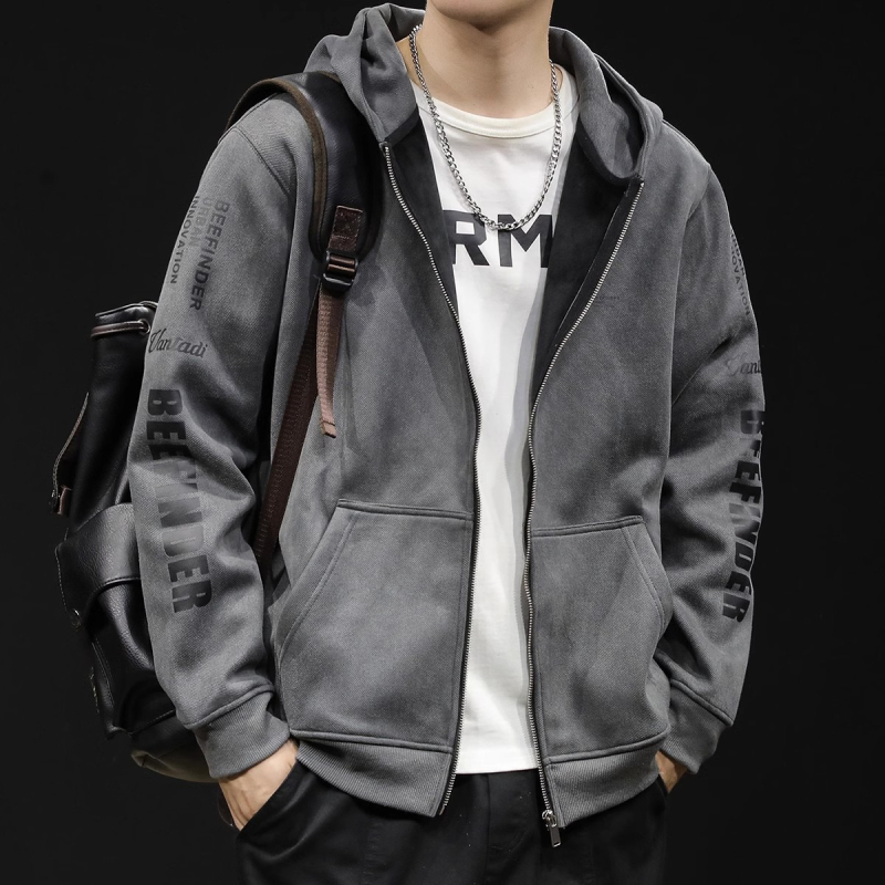 Muški kardigan s kapuljom i zatvaračem na zip, slobodan kroj za proljeće i jesen, materijal: acetatna smjesa (91–95% acetata) i poliester, bočne džepove