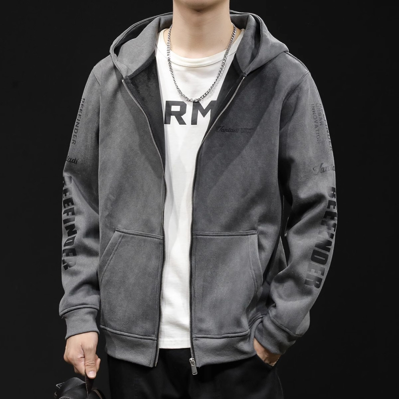 Muški kardigan s kapuljom i zatvaračem na zip, slobodan kroj za proljeće i jesen, materijal: acetatna smjesa (91–95% acetata) i poliester, bočne džepove