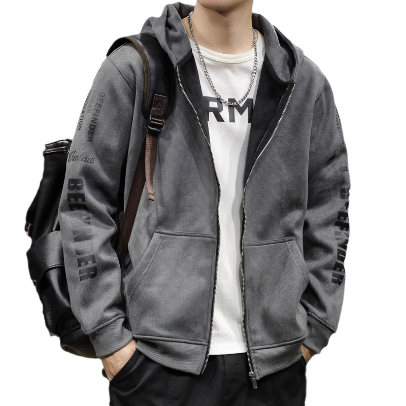 Muški kardigan s kapuljom i zatvaračem na zip, slobodan kroj za proljeće i jesen, materijal: acetatna smjesa (91–95% acetata) i poliester, bočne džepove