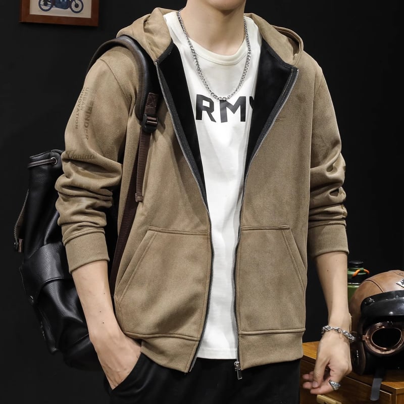 Muški kardigan s kapuljom i zatvaračem na zip, slobodan kroj za proljeće i jesen, materijal: acetatna smjesa (91–95% acetata) i poliester, bočne džepove