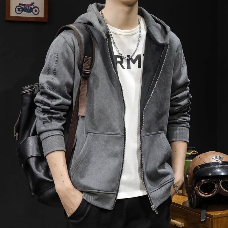 Muški kardigan s kapuljom i zatvaračem na zip, slobodan kroj za proljeće i jesen, materijal: acetatna smjesa (91–95% acetata) i poliester, bočne džepove