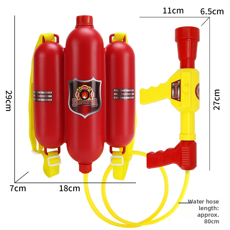 Laste tuletõrje rollimängu komplekt plastist veepüstoliga, seljakotiga, kiivriga ja tuletõrjevahendiga, sobiv 4–6-aastastele lastele.
