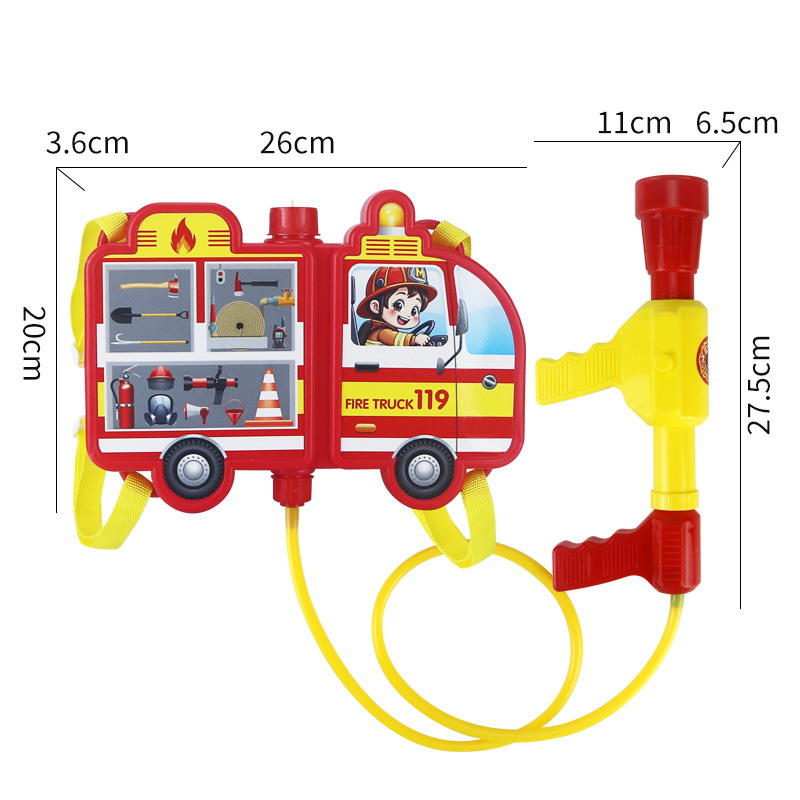 Laste tuletõrje rollimängu komplekt plastist veepüstoliga, seljakotiga, kiivriga ja tuletõrjevahendiga, sobiv 4–6-aastastele lastele.