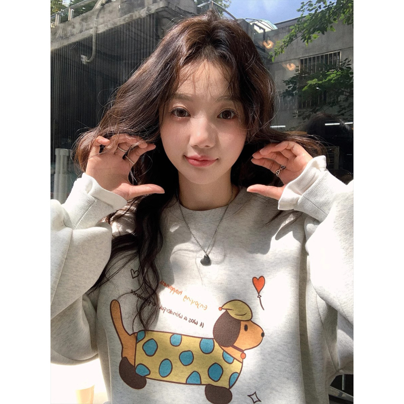 Ženski pulover s flis podstavom, životinjski uzorak, slobodan kroj, okrugli izrez, dugi rukavi (Zima 2025)
