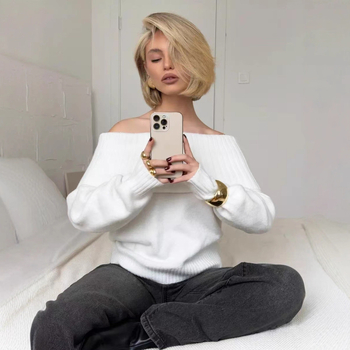 Γυναικεία πλεκτή μπλούζα με λαιμό-σκάφος, κομψό επαγγελματικό στυλ, ακρυλικές ίνες >95% και πολυεστέρας <30%, πάνελ πλέξη