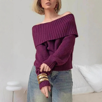 Γυναικεία πλεκτή μπλούζα με λαιμό-σκάφος, κομψό επαγγελματικό στυλ, ακρυλικές ίνες >95% και πολυεστέρας <30%, πάνελ πλέξη