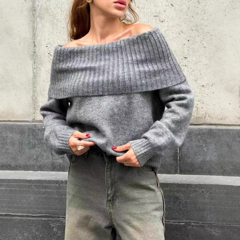 Γυναικεία πλεκτή μπλούζα με λαιμό-σκάφος, κομψό επαγγελματικό στυλ, ακρυλικές ίνες >95% και πολυεστέρας <30%, πάνελ πλέξη