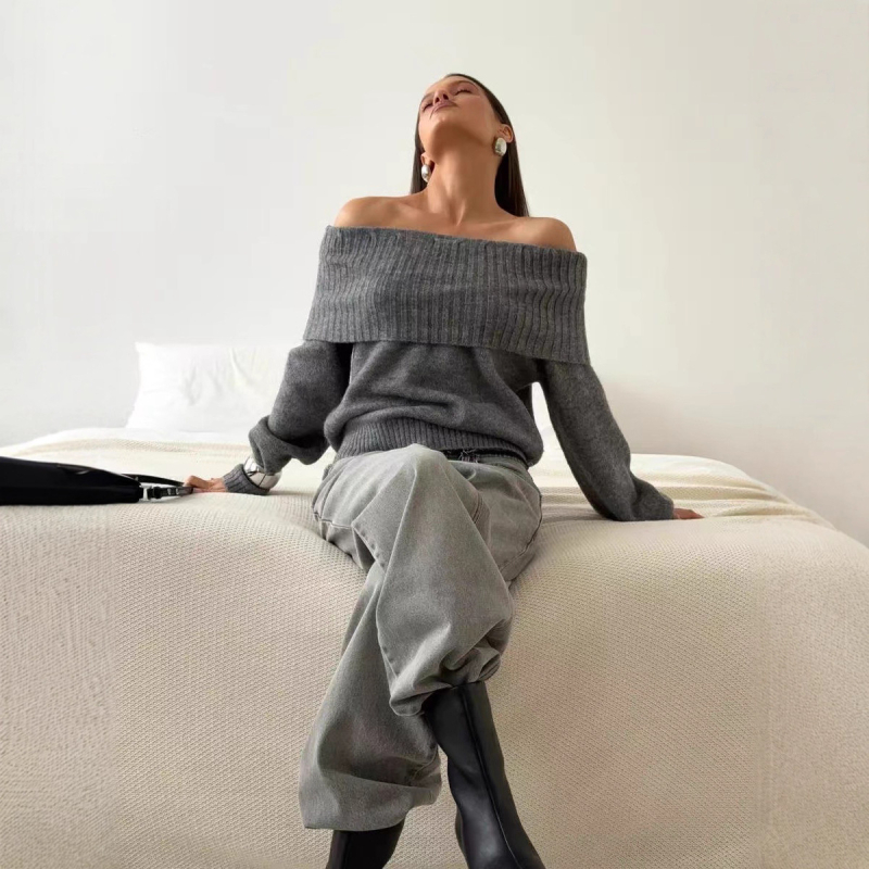 Γυναικεία πλεκτή μπλούζα με λαιμό-σκάφος, κομψό επαγγελματικό στυλ, ακρυλικές ίνες >95% και πολυεστέρας <30%, πάνελ πλέξη