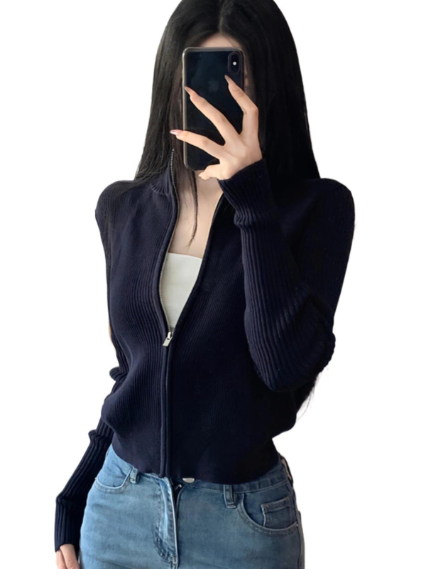 Pulover-cardigan sa zipom, 3D uzorak, visok ovratnik, pletenina od poliestera i spandeksa