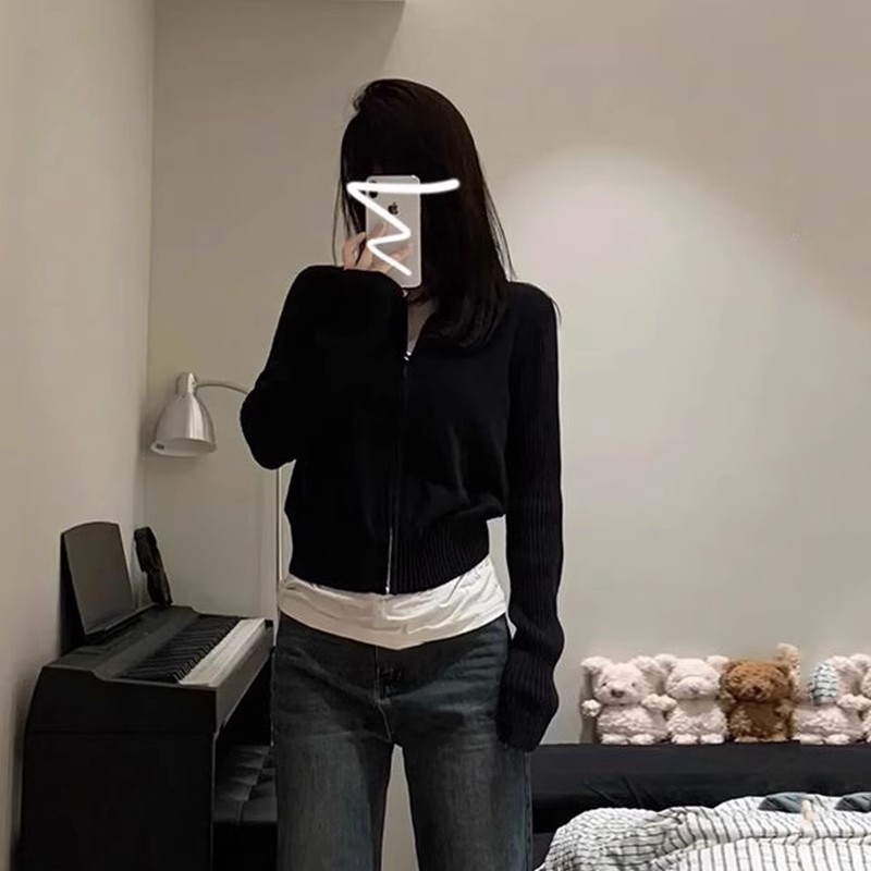Pulover-cardigan sa zipom, 3D uzorak, visok ovratnik, pletenina od poliestera i spandeksa