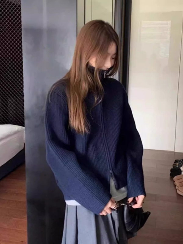 Cardigan sa zipom, debeli pleteni materijal (visoki ovratnik, dugi rukavi, široki kroj)