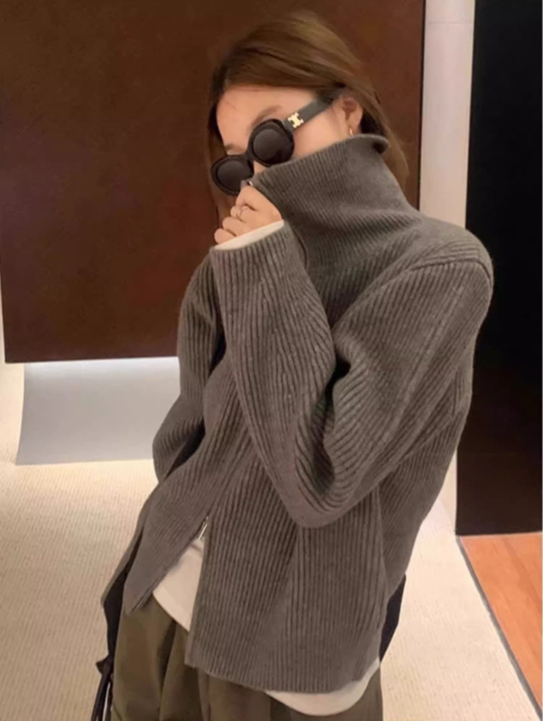 Cardigan sa zipom, debeli pleteni materijal (visoki ovratnik, dugi rukavi, široki kroj)
