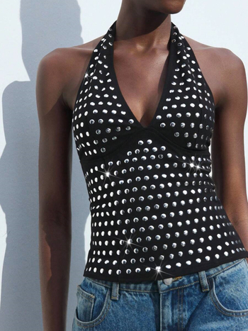 Halter top s V-izrezom, otvorenim leđima, uski kroj, poliester-spandeks tkanina