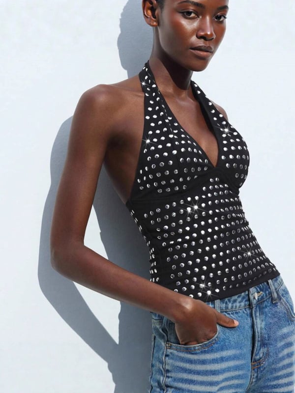 Halter top s V-izrezom, otvorenim leđima, uski kroj, poliester-spandeks tkanina