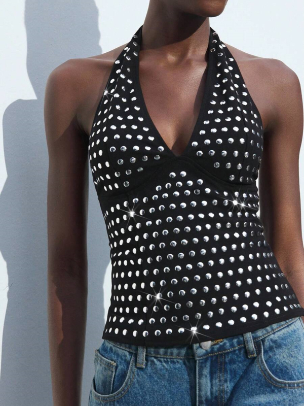 Halter top s V-izrezom, otvorenim leđima, uski kroj, poliester-spandeks tkanina