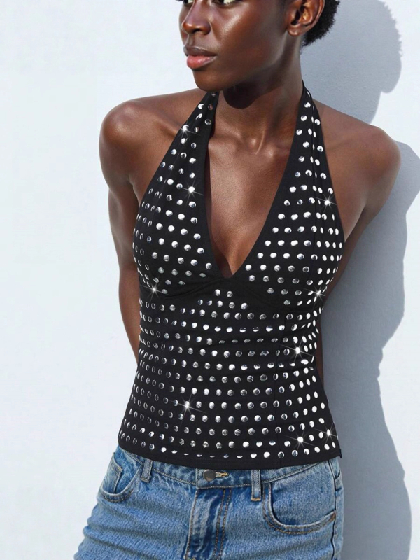 Halter top s V-izrezom, otvorenim leđima, uski kroj, poliester-spandeks tkanina