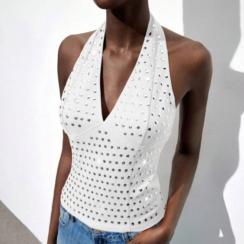 Halter top s V-izrezom, otvorenim leđima, uski kroj, poliester-spandeks tkanina