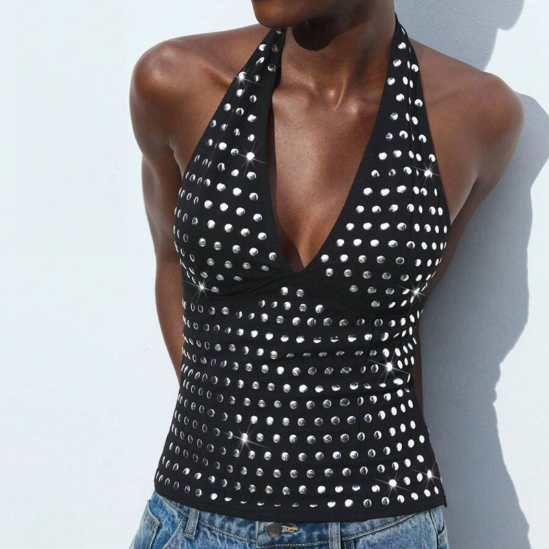 Halter top s V-izrezom, otvorenim leđima, uski kroj, poliester-spandeks tkanina