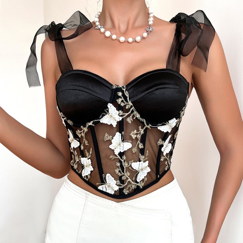 Giselle Ženski top s trakama, sling stil, uski kroj, leptir izšiven, poliester 95%+, kratka duljina 40–50 cm