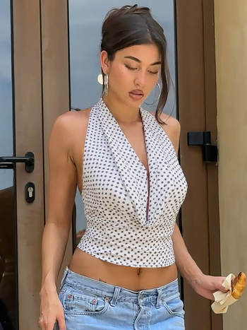 Ženski halter top bez rukava s točkasti uzorom, uski kroj, ljeto 2025, Milk Silk/Poliester 90–95%, Spandex <30%