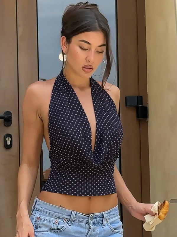 Ženski halter top bez rukava s točkasti uzorom, uski kroj, ljeto 2025, Milk Silk/Poliester 90–95%, Spandex <30%